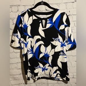 Liz Claiborne Women's Shirt Size L Blue Black Short Sleeve Keyhole Neckline